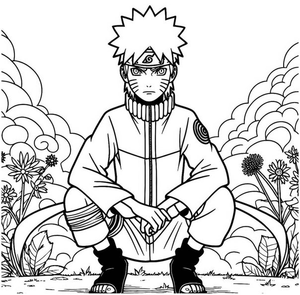 malvorlage-naruto-ausmalbild-mit-blumen-und-wolken