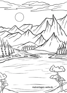 malvorlage-natur-mit-teich-und-bergen