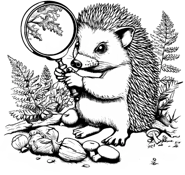 malvorlage-neugieriger-igel-mit-lupe-in-der-natur