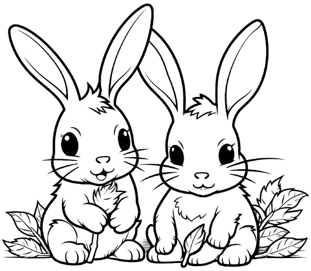 malvorlage-niedliche-kaninchen-mit-blaettern