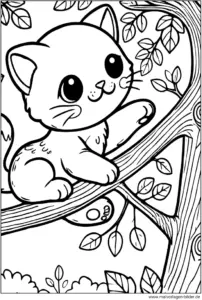 malvorlage-niedliche-katze-im-baum-ausmalbild