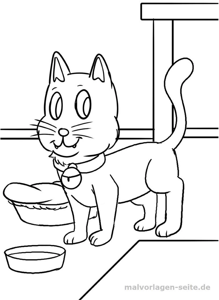 malvorlage-niedliche-katze-mit-futternapf-und-koerbchen