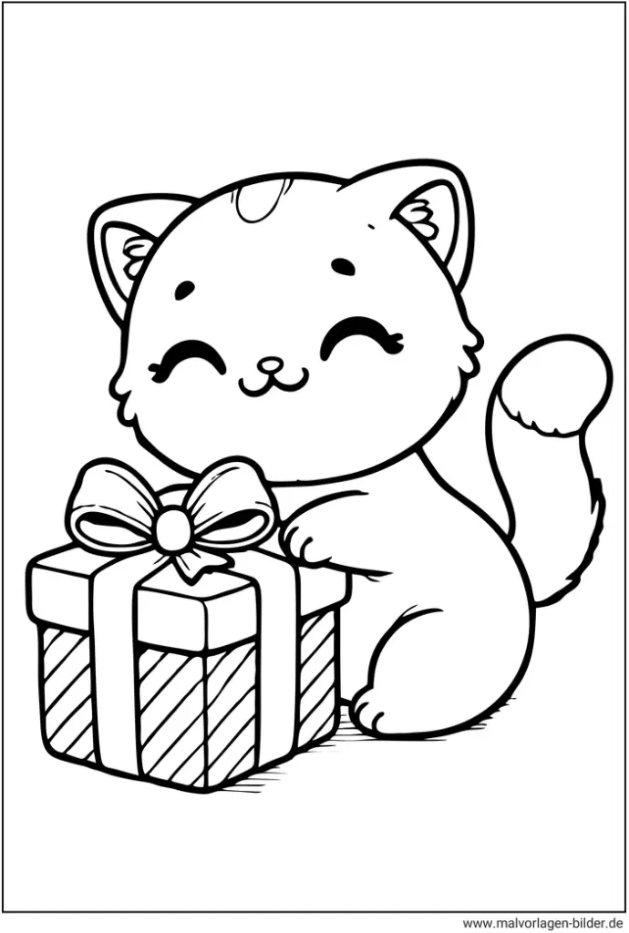 malvorlage-niedliche-katze-mit-geschenk