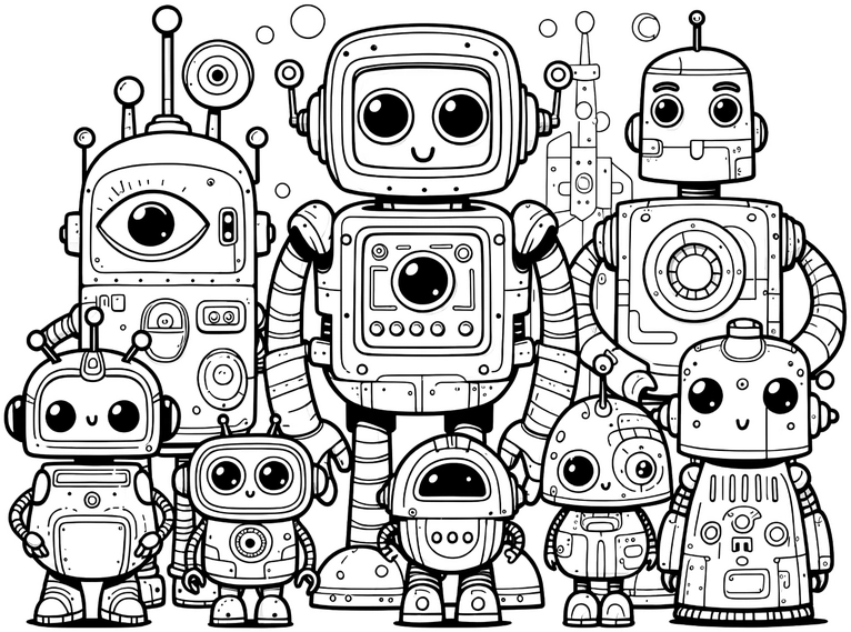 malvorlage-niedliche-roboter-gruppe-zum-ausmalen