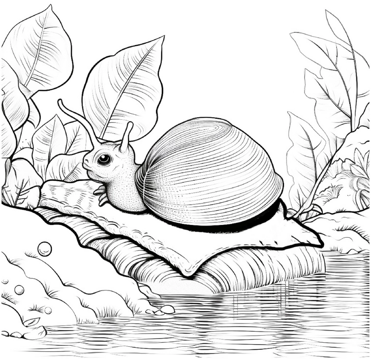 malvorlage-niedliche-schnecke-auf-blatt-am-wasser