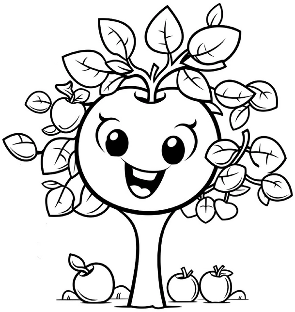 malvorlage-niedlicher-apfelbaum-mit-laechelndem-gesicht