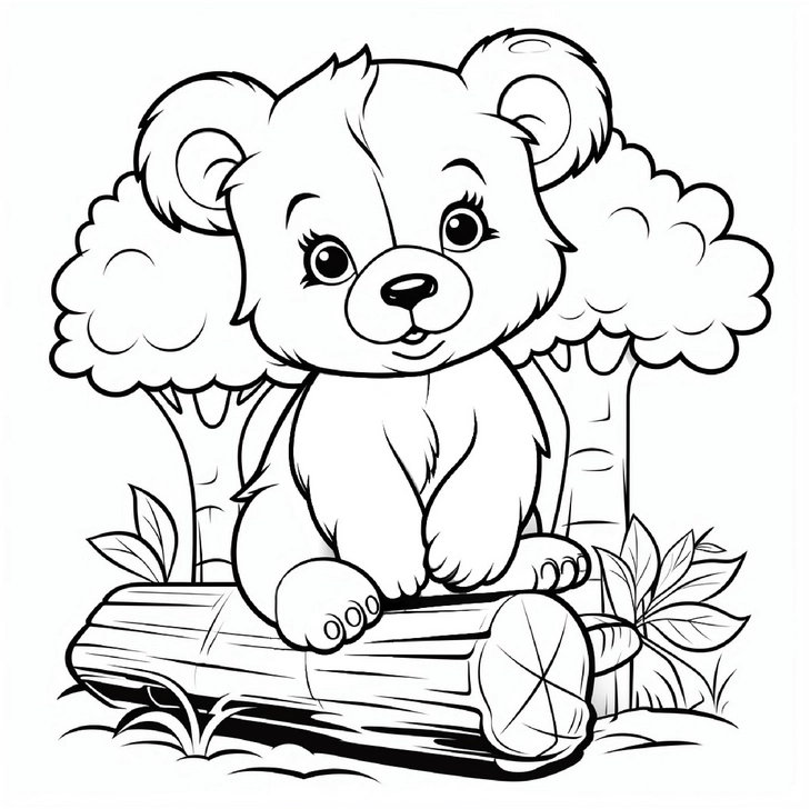 malvorlage-niedlicher-baer-auf-baumstamm-in-der-natur