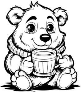 malvorlage-niedlicher-baer-mit-tasse-und-schal