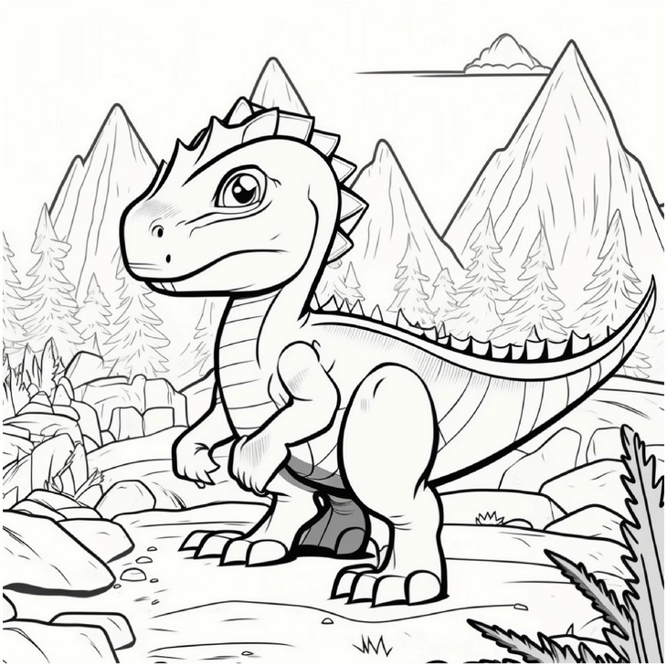 malvorlage-niedlicher-dinosaurier-in-fantastischer-landschaft