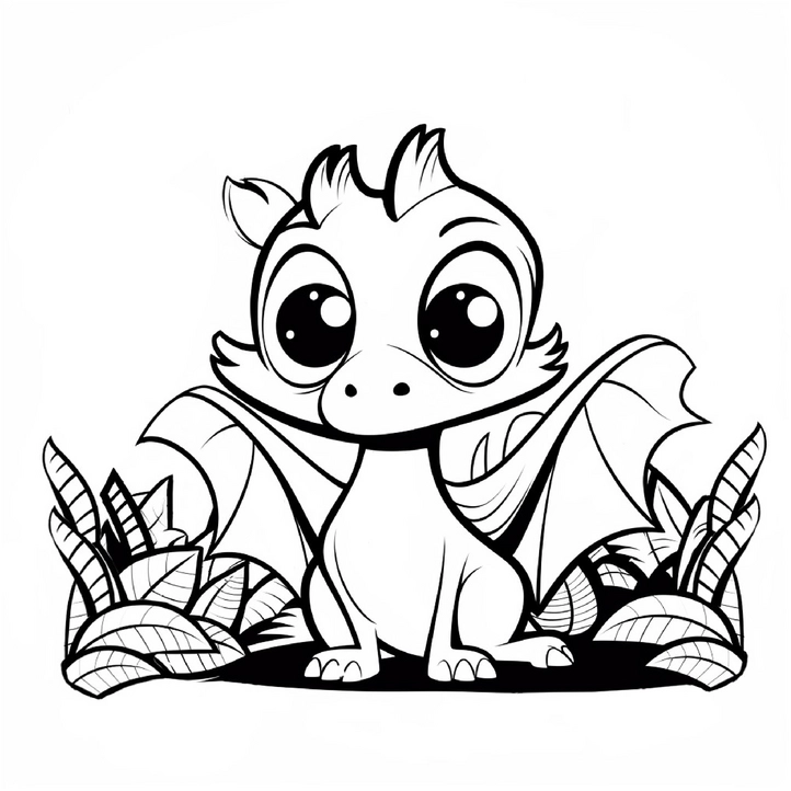 malvorlage-niedlicher-drache-zwischen-pflanzen