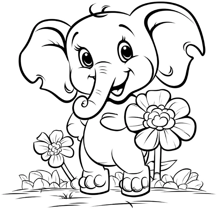 malvorlage-niedlicher-elefant-mit-blumen