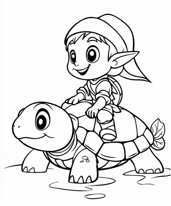 malvorlage-niedlicher-elf-auf-schildkroete