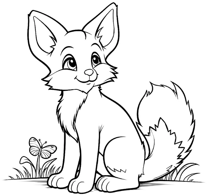 malvorlage-niedlicher-fuchs-mit-schmetterling
