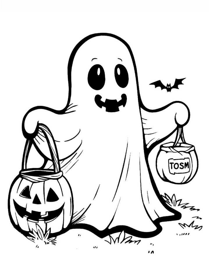 malvorlage-niedlicher-geist-mit-suessigkeiten-fuer-halloween