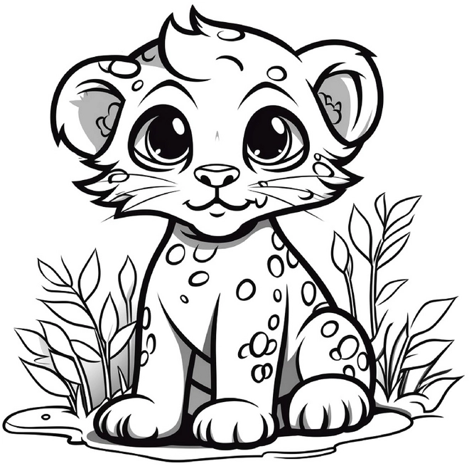 malvorlage-niedlicher-kleiner-leopard-unter-pflanzen