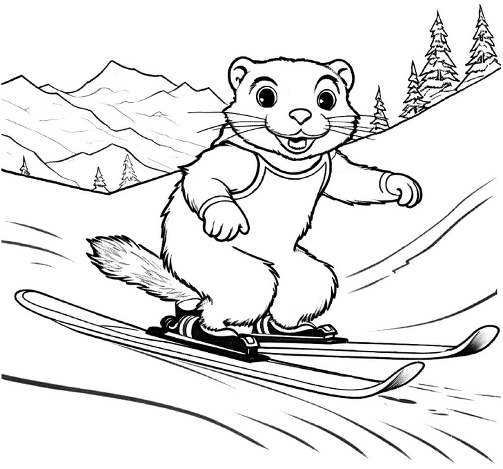 malvorlage-niedlicher-otter-auf-skiern-in-winterlandschaft