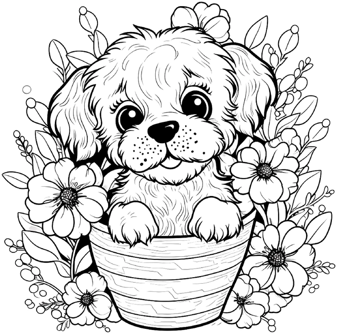 malvorlage-niedlicher-welpe-und-blumen