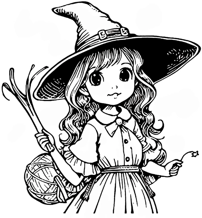 malvorlage-niedliches-hexe-mit-grossen-hut