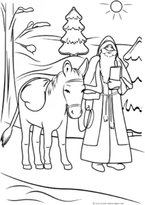 malvorlage-nikolaus-mit-esel-winterlandschaft