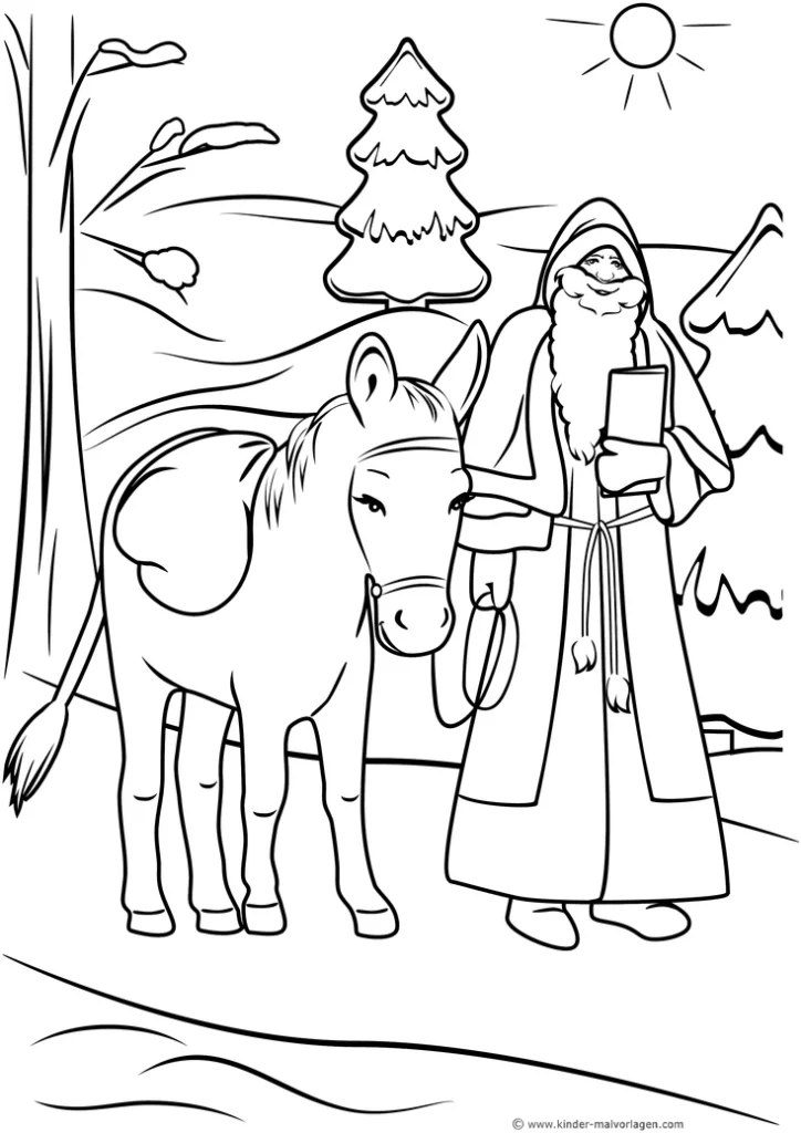malvorlage-nikolaus-mit-esel-winterlandschaft