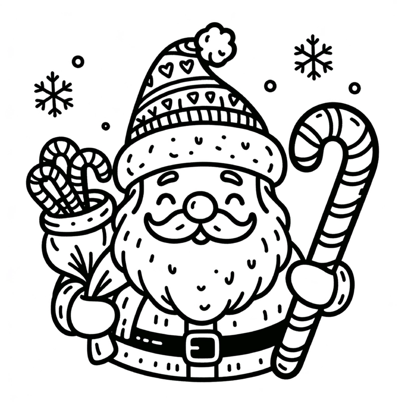 malvorlage-nikolaus-mit-zuckerstangen-und-schneeflocken