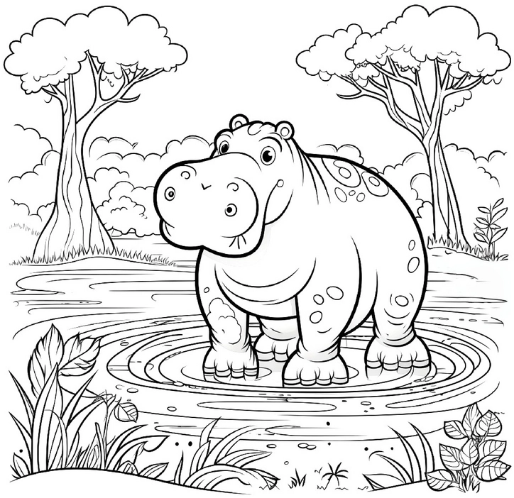 malvorlage-nilpferd-im-wasser-mit-baeumen