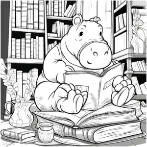 malvorlage-nilpferd-in-bibliothek-lesen