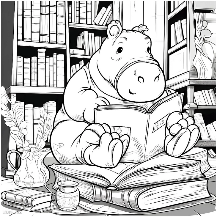 malvorlage-nilpferd-in-bibliothek-lesen