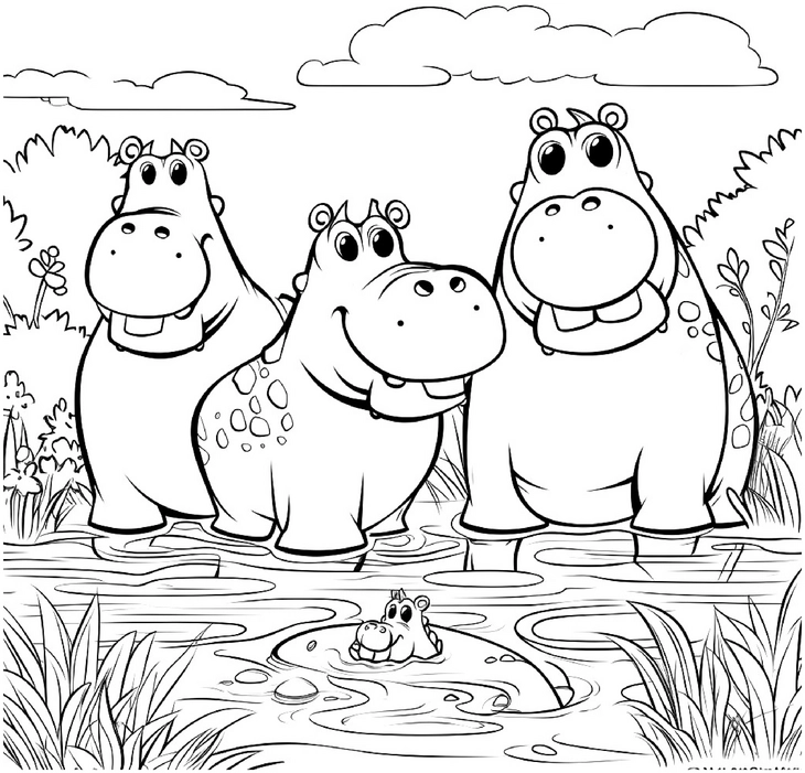 malvorlage-nilpferde-im-wasser