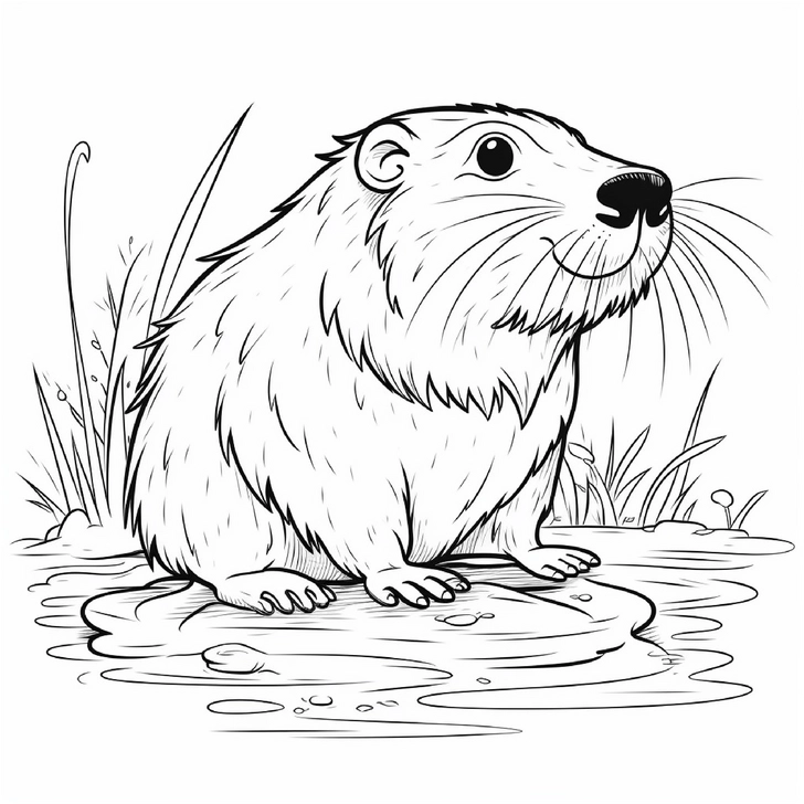 malvorlage-nutria-am-ufer-mit-wasserpflanzen