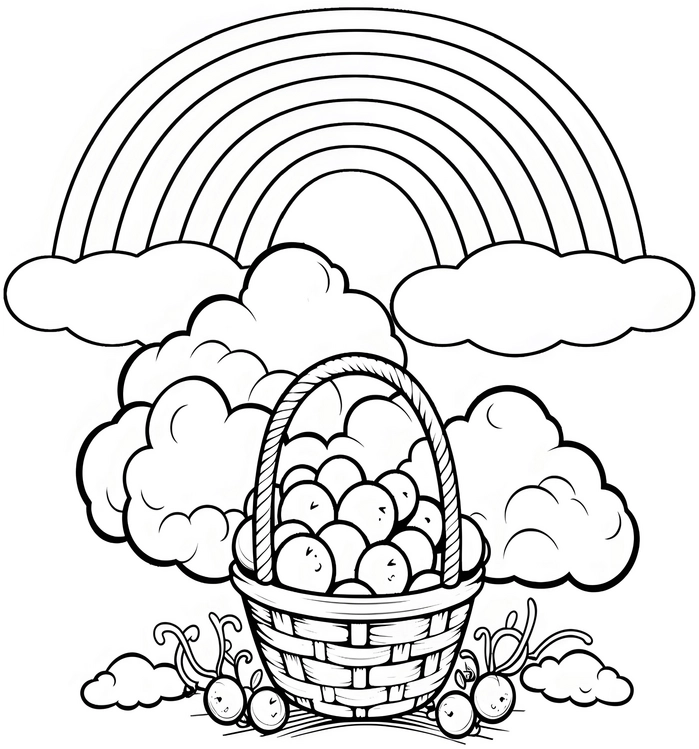 malvorlage-obstkorb-unter-regenbogen-mit-wolken