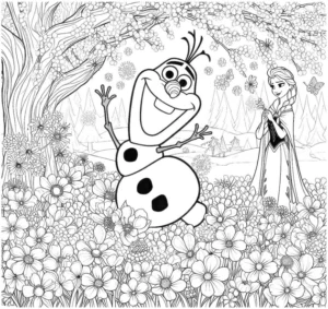 malvorlage-olaf-elsa-in-blumenlandschaft
