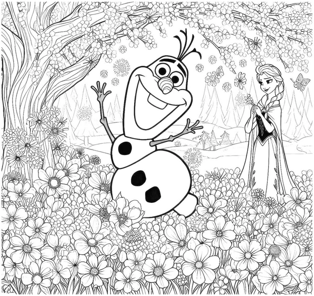 malvorlage-olaf-elsa-in-blumenlandschaft