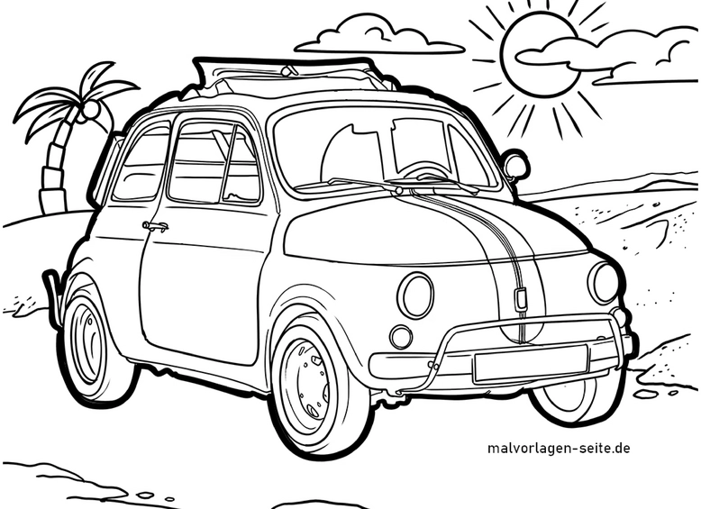 malvorlage-oldtimer-am-strand-mit-palmen