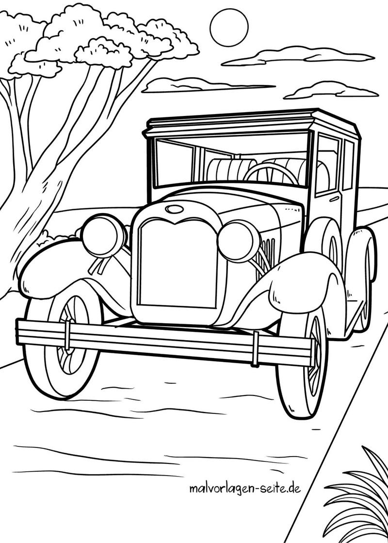 malvorlage-oldtimer-auto-landstrasse-mit-baeumen