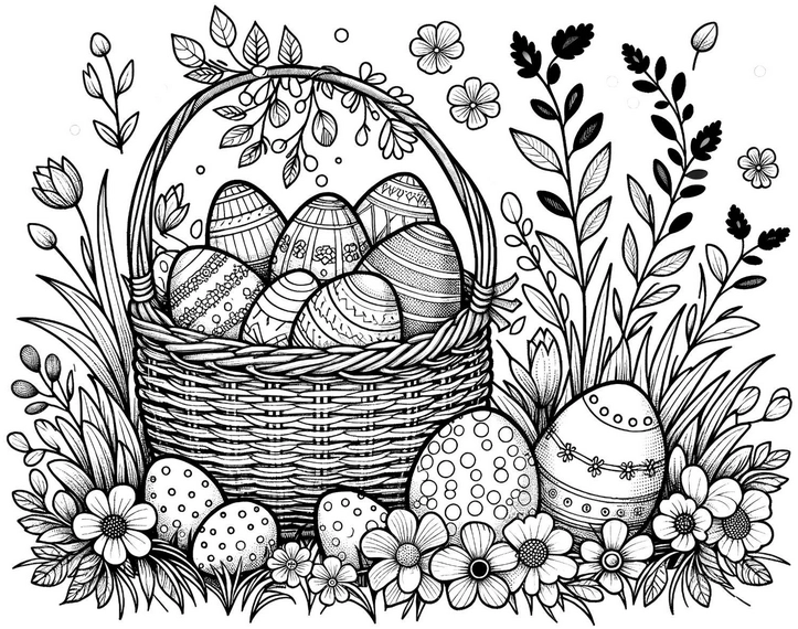 malvorlage-ostereier-im-korb-mit-blumen