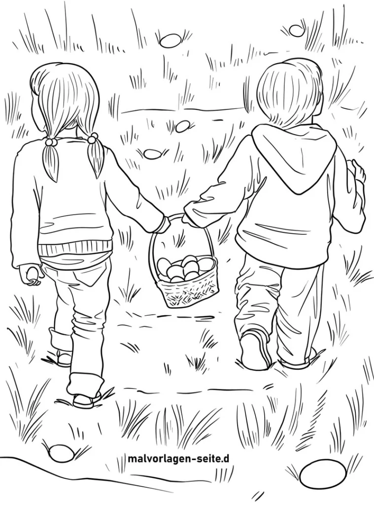 malvorlage-ostereiersuche-mit-kindern-in-der-natur
