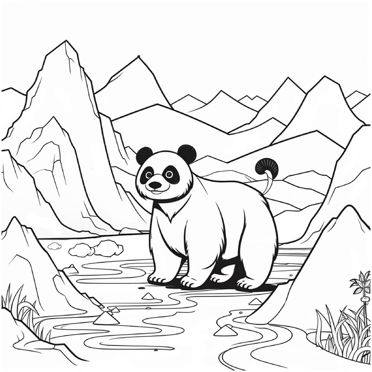 malvorlage-panda-in-berglandschaft