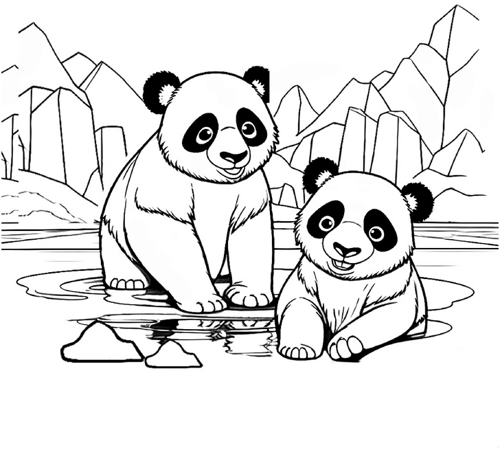 malvorlage-pandas-am-wasser-mit-bergen