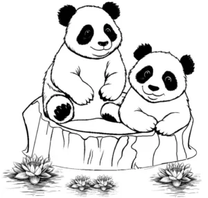 malvorlage-pandas-auf-baumstumpf-mit-seerosen
