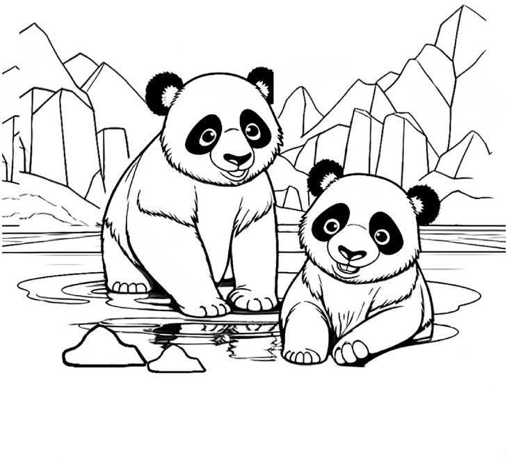 malvorlage-pandas-im-wasser-spielen