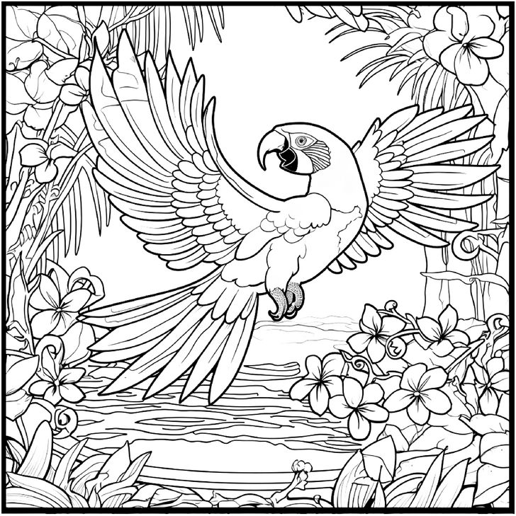malvorlage-papagei-im-dschungel-mit-blumen