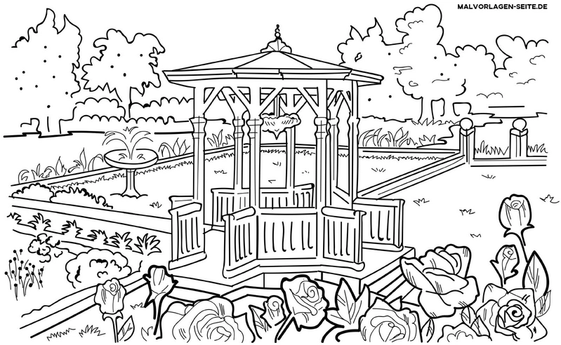 malvorlage-pavillon-im-park-mit-blumen-und-pflanzen