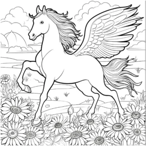 malvorlage-pegasus-in-blumenwiese-mit-sonnenblumen