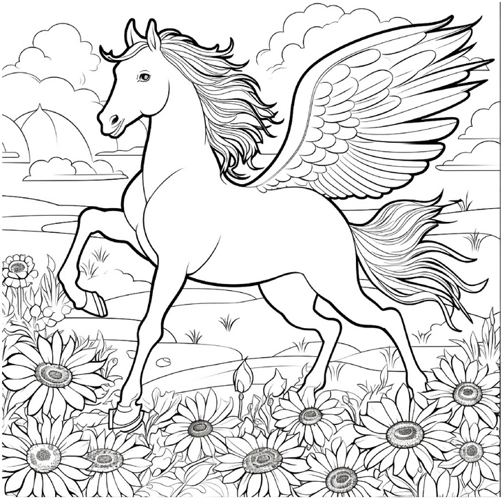 malvorlage-pegasus-in-blumenwiese-mit-sonnenblumen