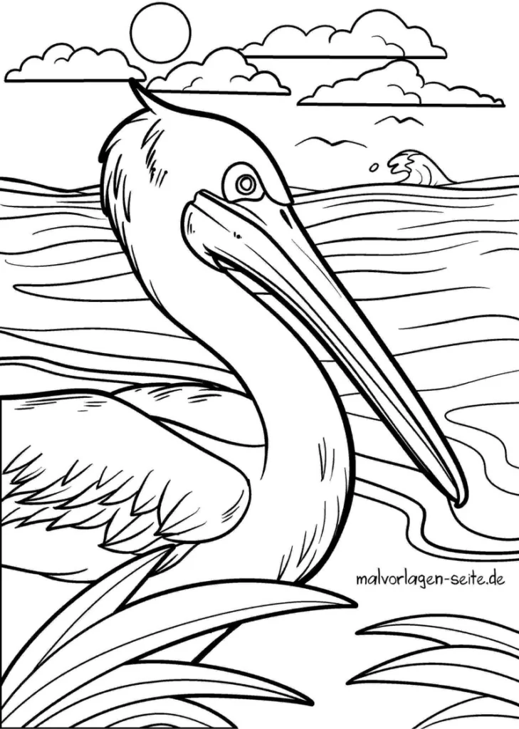 malvorlage-pelikankopf-am-wasser-mit-sonne-und-wolken
