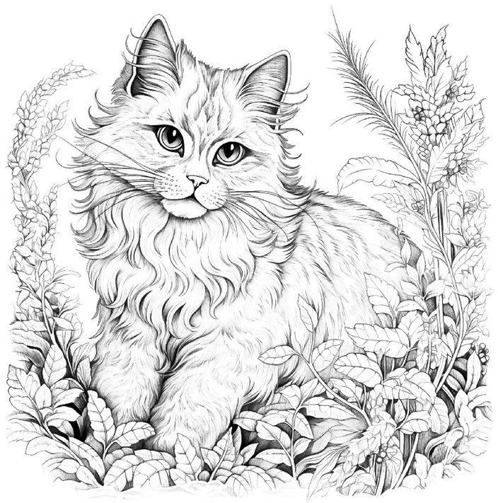 malvorlage-pelzige-katze-in-pflanzenlandschaft