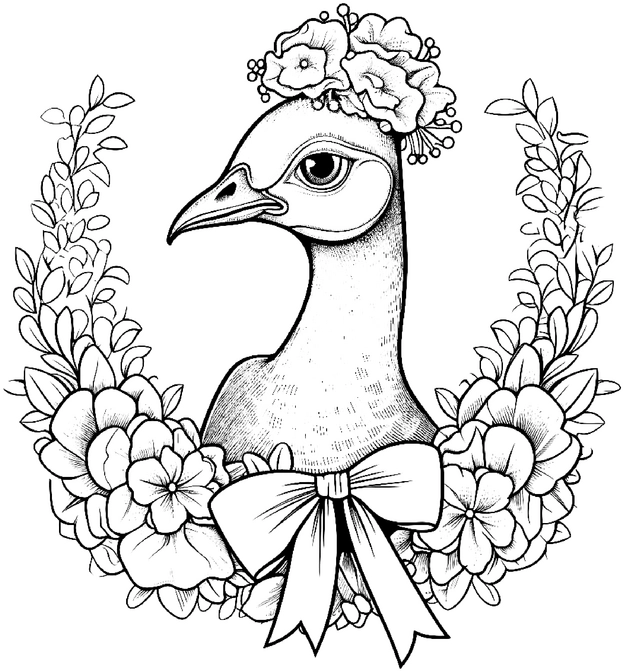 malvorlage-pfau-im-blumenkranz
