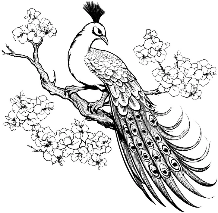 malvorlage-pfau-mit-blueten