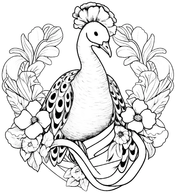 malvorlage-pfau-mit-blumen-und-band